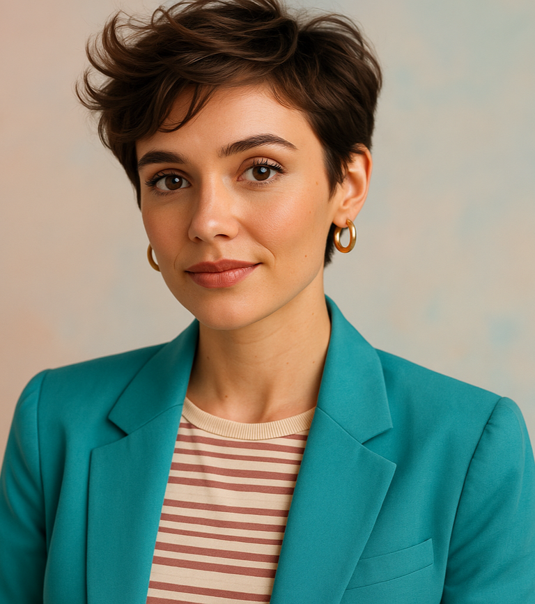 A vibrant and stylish portrait of a woman with expressive eyes and trendy hairstyle, soft studio lighting with pastel backdrop, wearing contemporary fashion, confident yet approachable expression, 4K resolution, ultra-realistic photography style, suitable for a modern brand’s testimonial showcase.