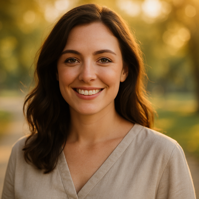 A warm and inviting portrait of a woman in her late 20s, standing in soft golden sunlight, blurred park or garden background, wearing a light casual blouse, gentle smile, natural makeup, high resolution, realistic photography style, perfect for friendly and relatable testimonial sections.